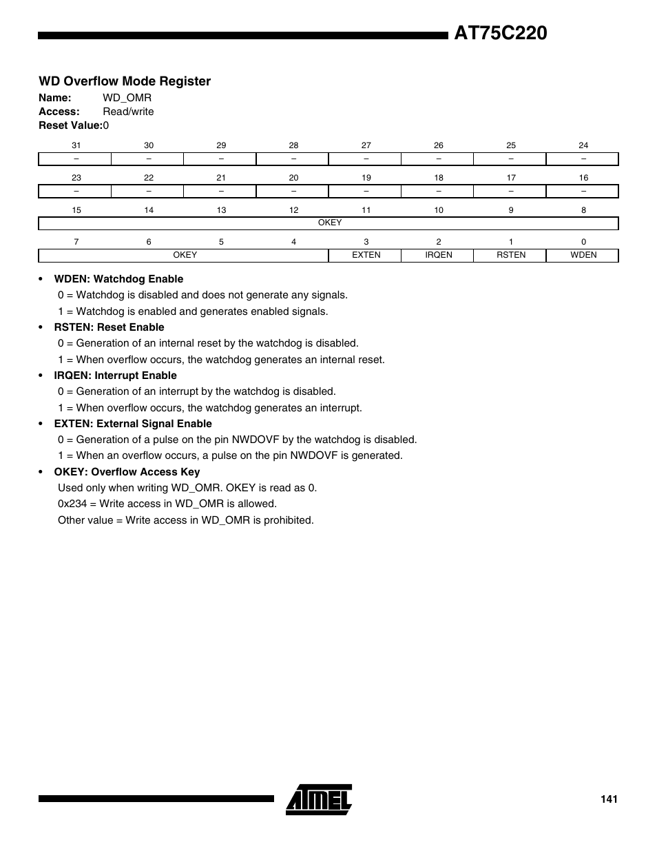 Wd overflow mode register | Rainbow Electronics AT75C220 User Manual | Page 141 / 144