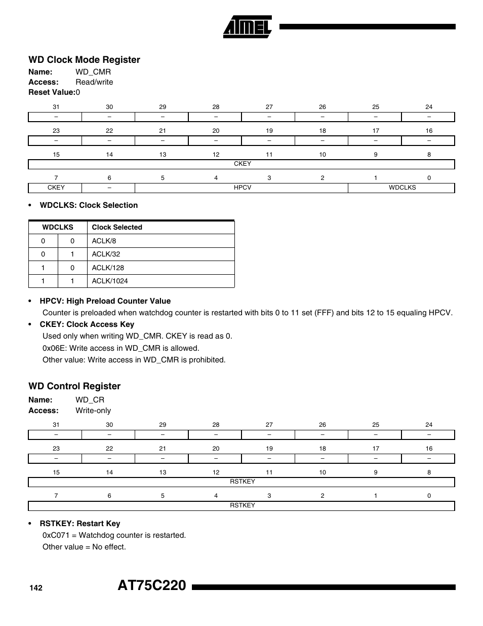 Wd clock mode register, Wd control register | Rainbow Electronics AT75C220 User Manual | Page 142 / 144