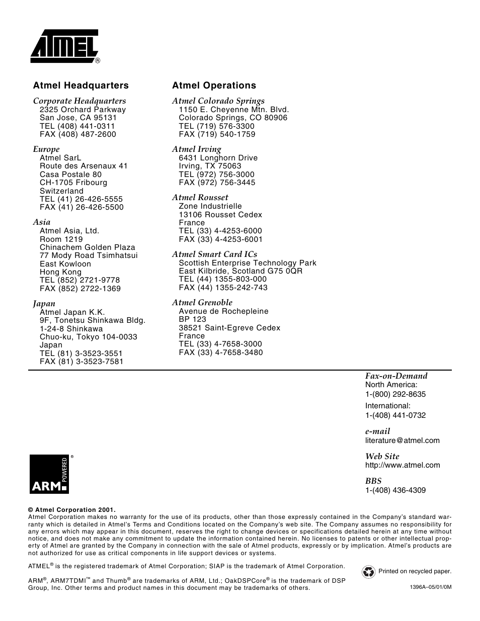 Atmel headquarters atmel operations | Rainbow Electronics AT75C220 User Manual | Page 144 / 144