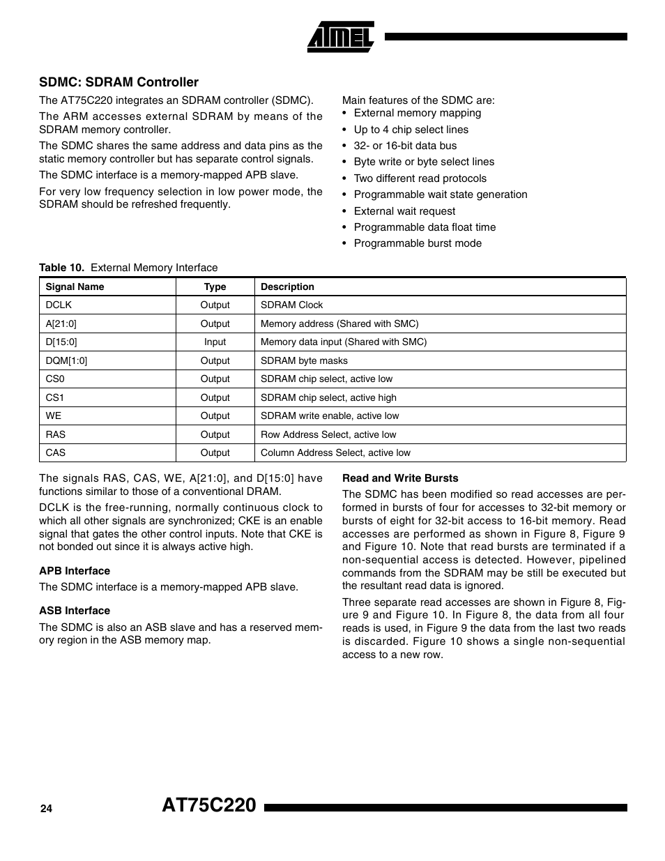 Sdmc: sdram controller, Apb interface, Asb interface | Read and write bursts | Rainbow Electronics AT75C220 User Manual | Page 24 / 144