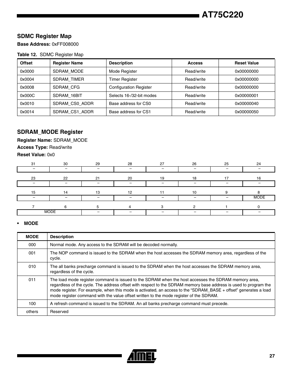 Sdmc register map, Sdram_mode register | Rainbow Electronics AT75C220 User Manual | Page 27 / 144