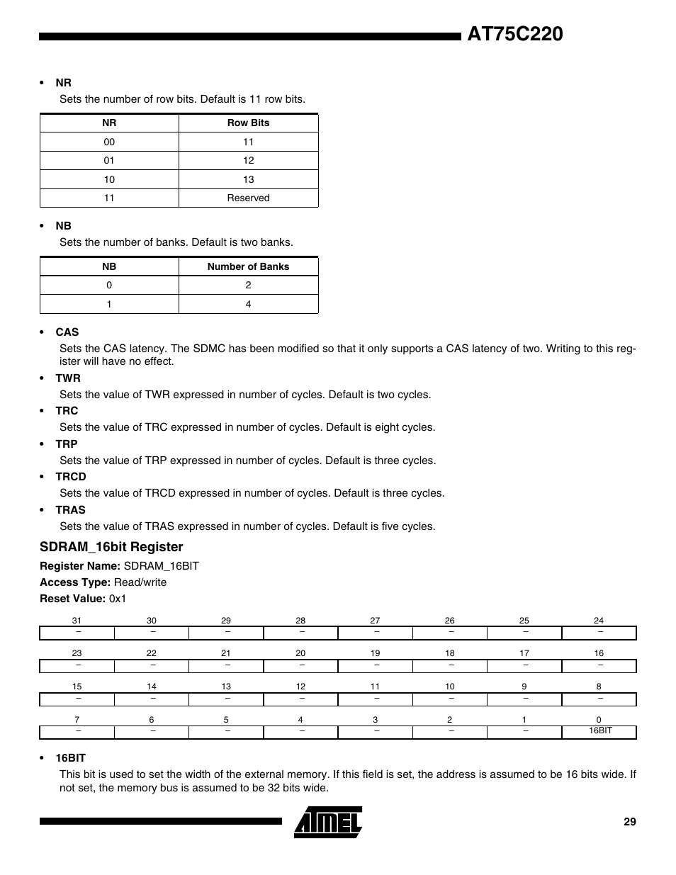 Sdram_16bit register | Rainbow Electronics AT75C220 User Manual | Page 29 / 144