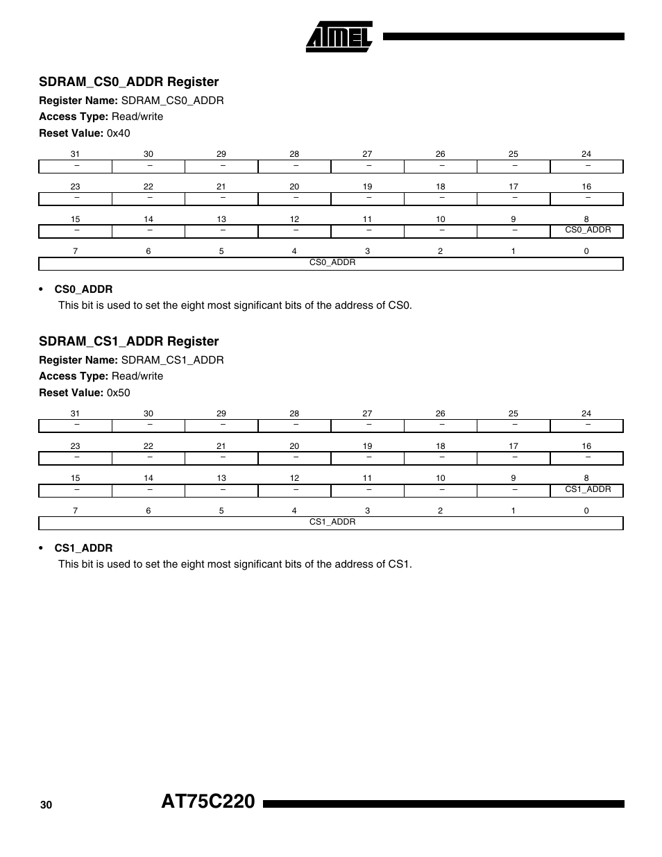 Sdram_cs0_addr register, Sdram_cs1_addr register | Rainbow Electronics AT75C220 User Manual | Page 30 / 144