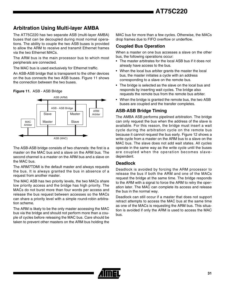 Arbitration using multi-layer amba, Coupled bus operation, Asb-asb bridge timing | Deadlock | Rainbow Electronics AT75C220 User Manual | Page 31 / 144