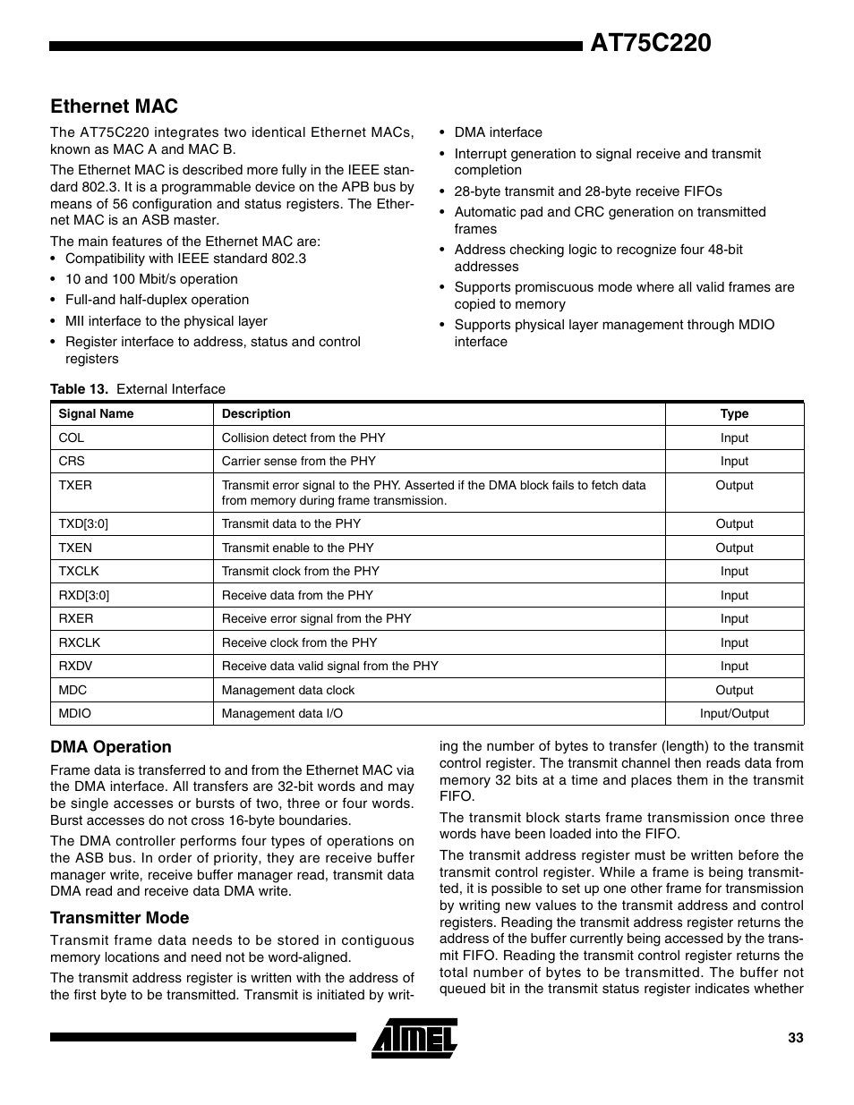 Ethernet mac, Dma operation, Transmitter mode | Rainbow Electronics AT75C220 User Manual | Page 33 / 144