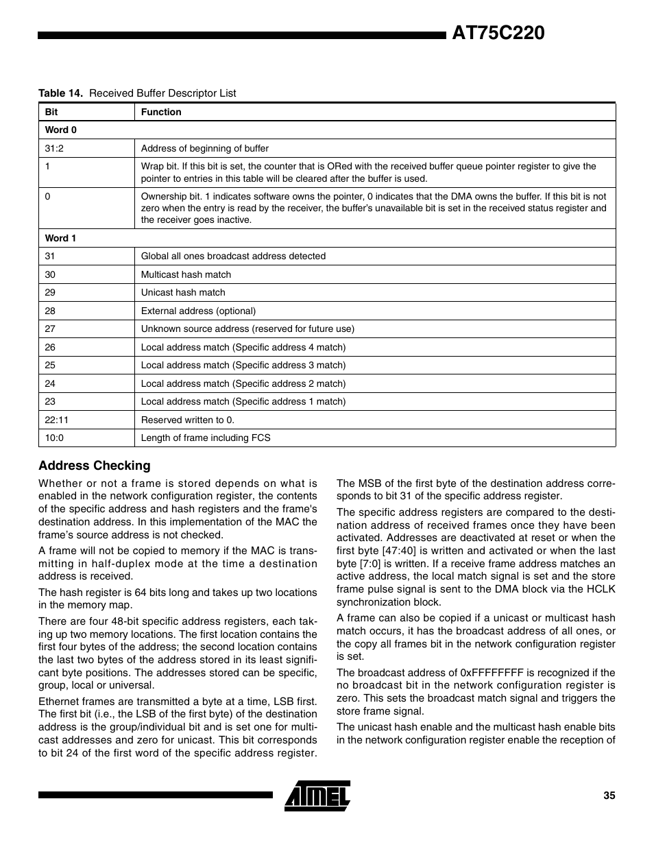 Address checking | Rainbow Electronics AT75C220 User Manual | Page 35 / 144