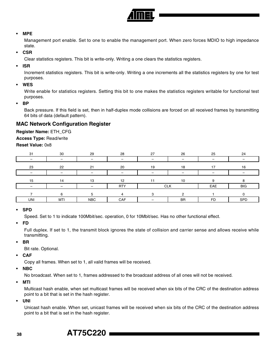 Mac network configuration register | Rainbow Electronics AT75C220 User Manual | Page 38 / 144