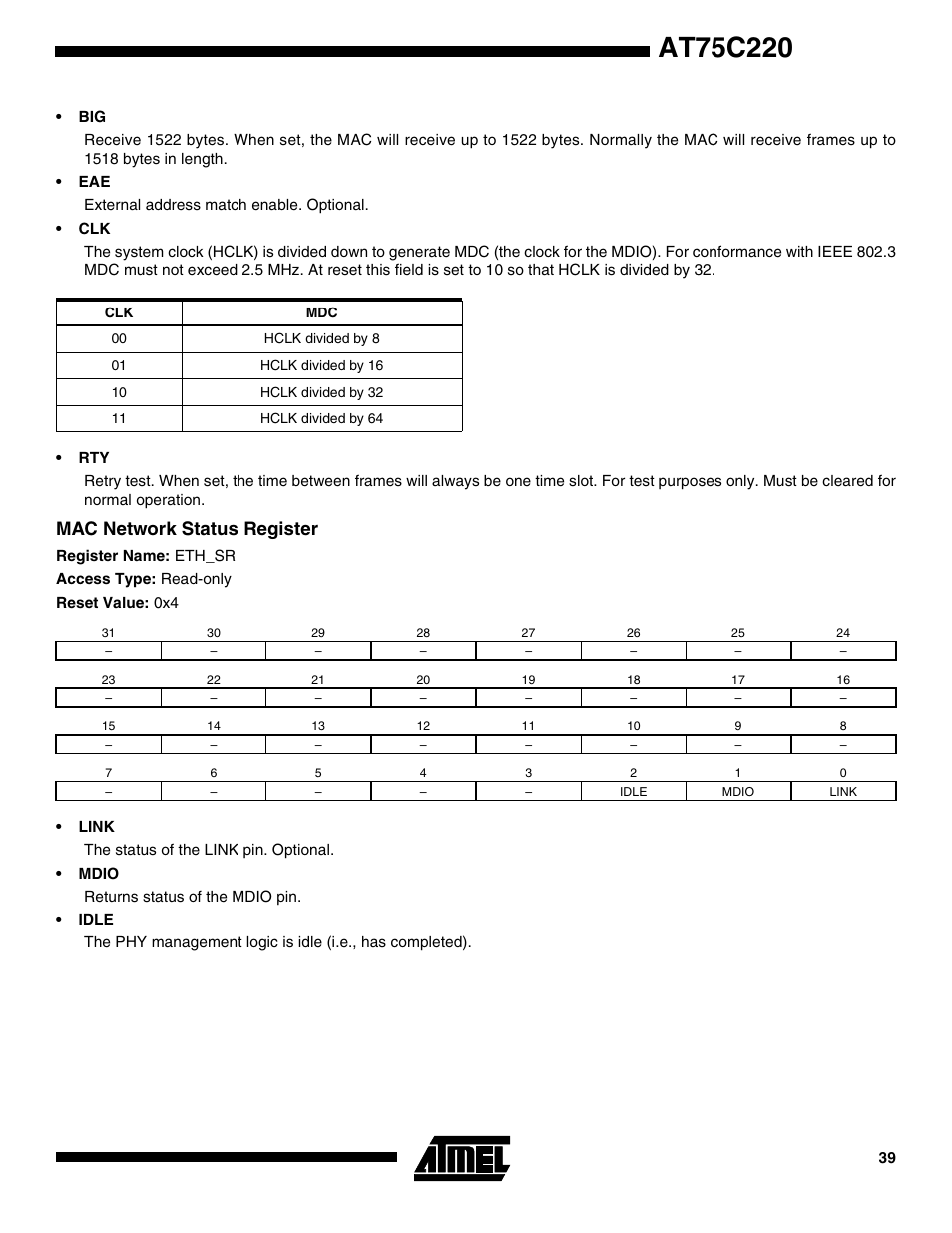 Mac network status register | Rainbow Electronics AT75C220 User Manual | Page 39 / 144