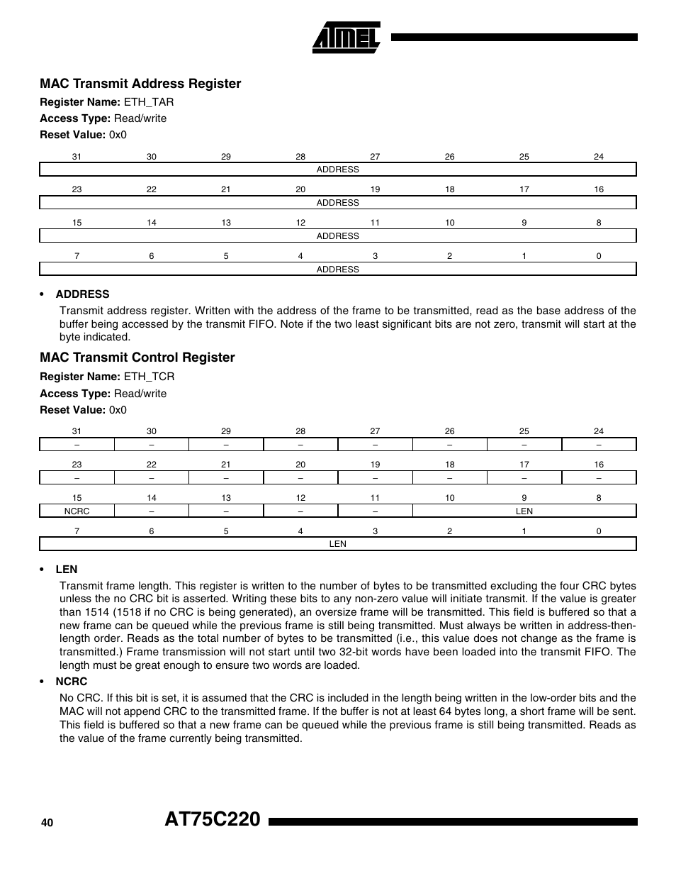 Mac transmit address register, Mac transmit control register | Rainbow Electronics AT75C220 User Manual | Page 40 / 144