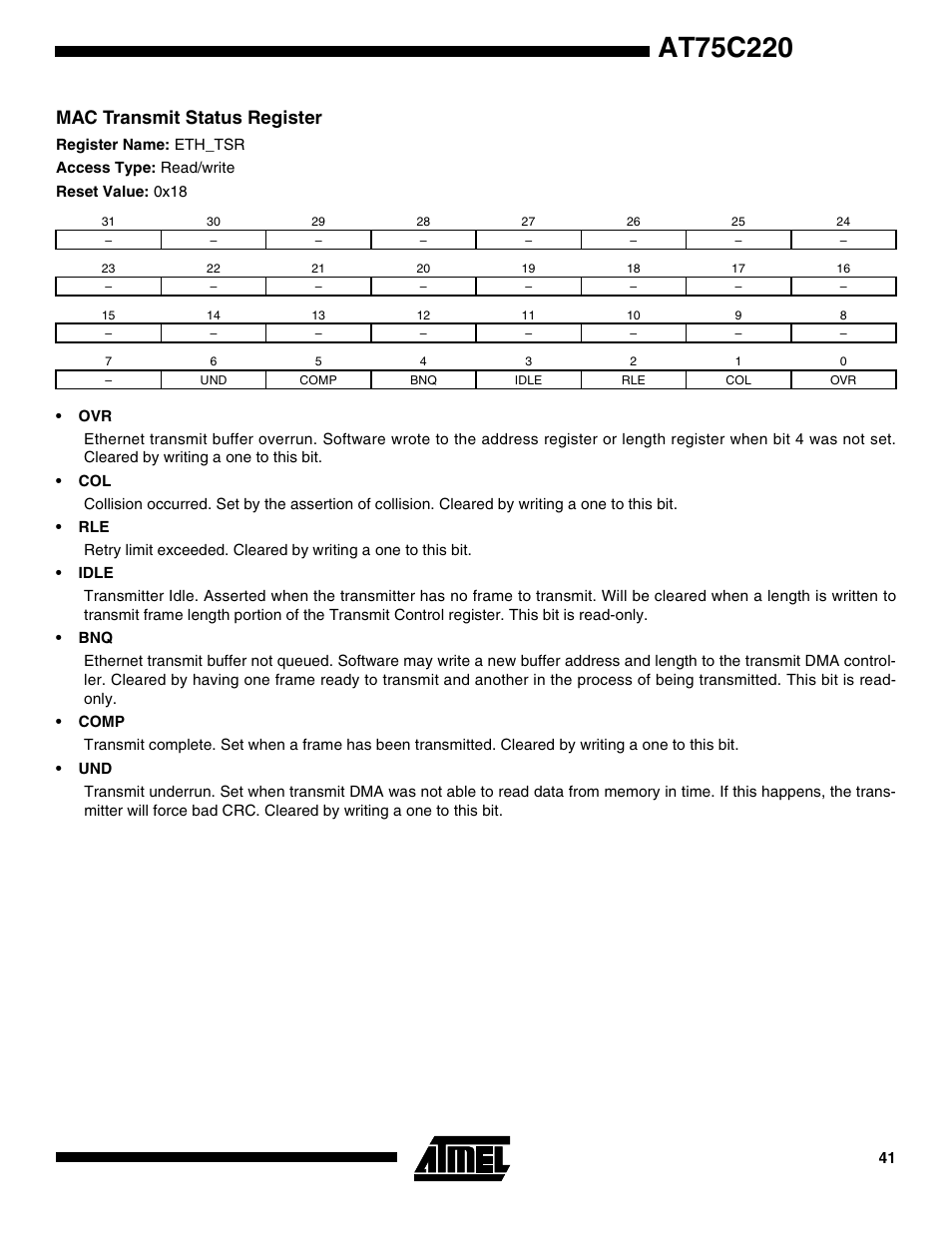 Mac transmit status register | Rainbow Electronics AT75C220 User Manual | Page 41 / 144