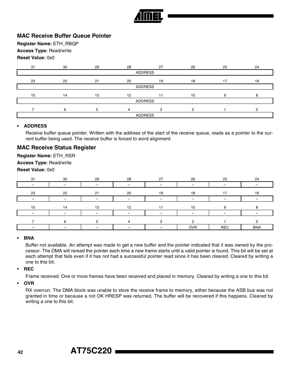 Mac receive buffer queue pointer, Mac receive status register | Rainbow Electronics AT75C220 User Manual | Page 42 / 144