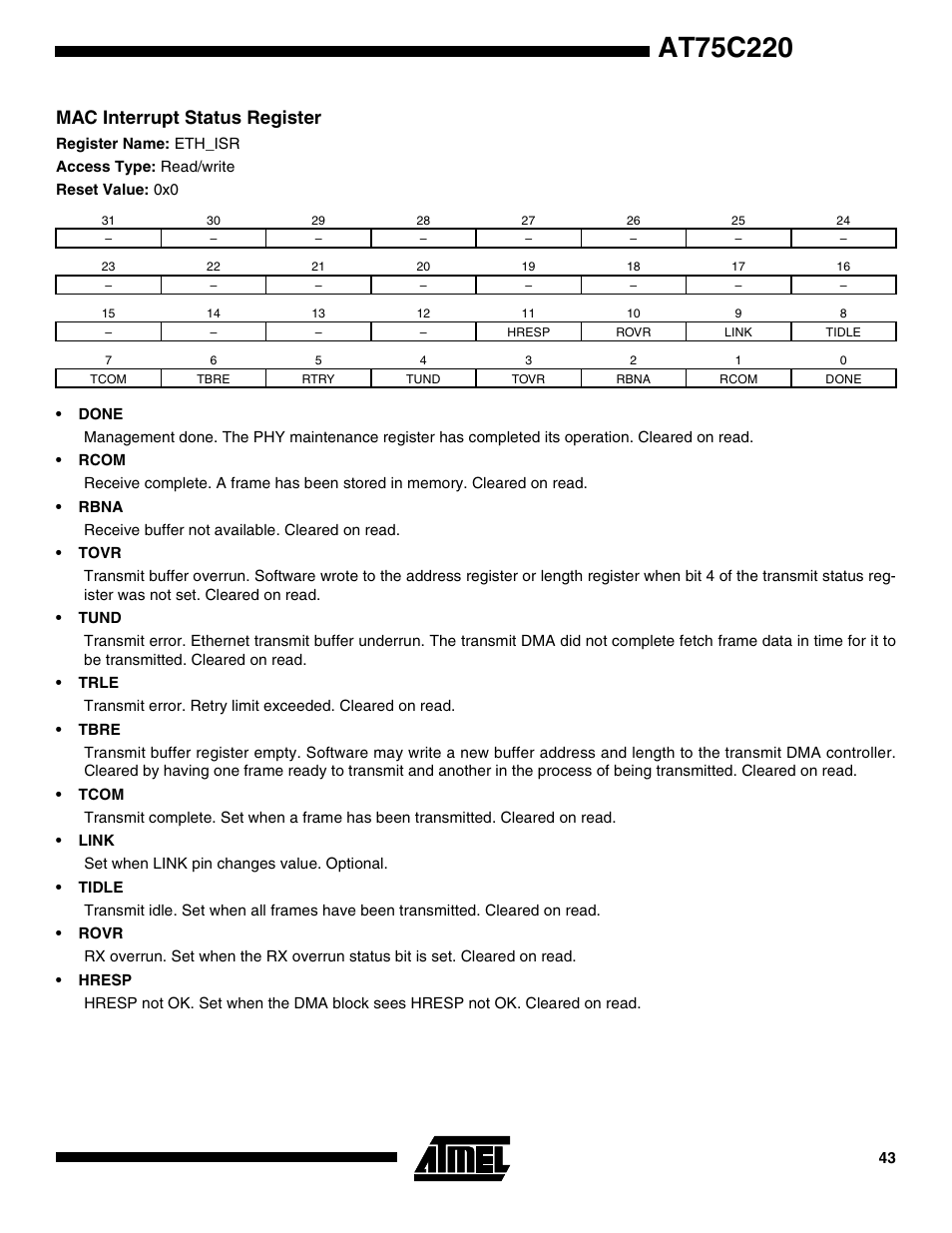 Mac interrupt status register | Rainbow Electronics AT75C220 User Manual | Page 43 / 144