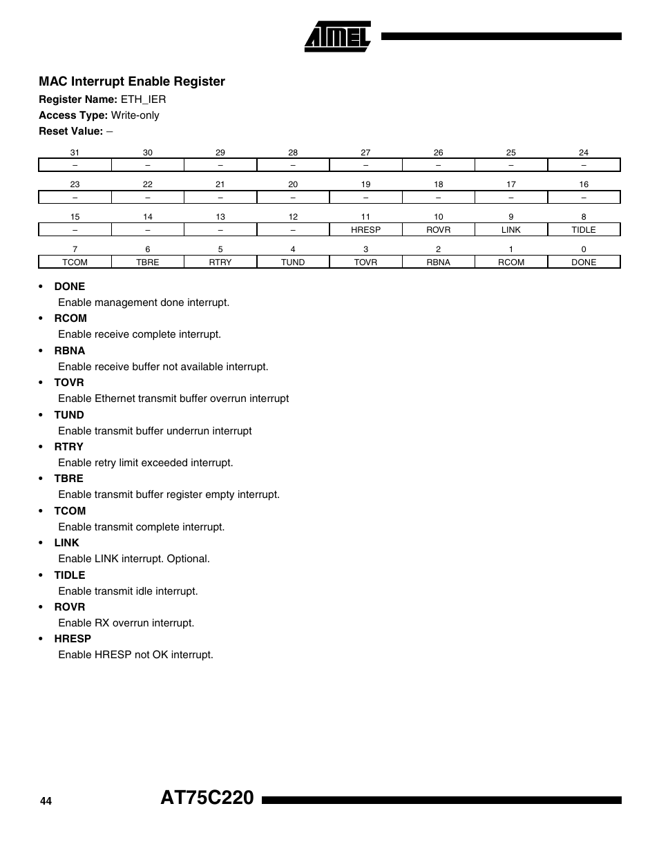 Mac interrupt enable register | Rainbow Electronics AT75C220 User Manual | Page 44 / 144