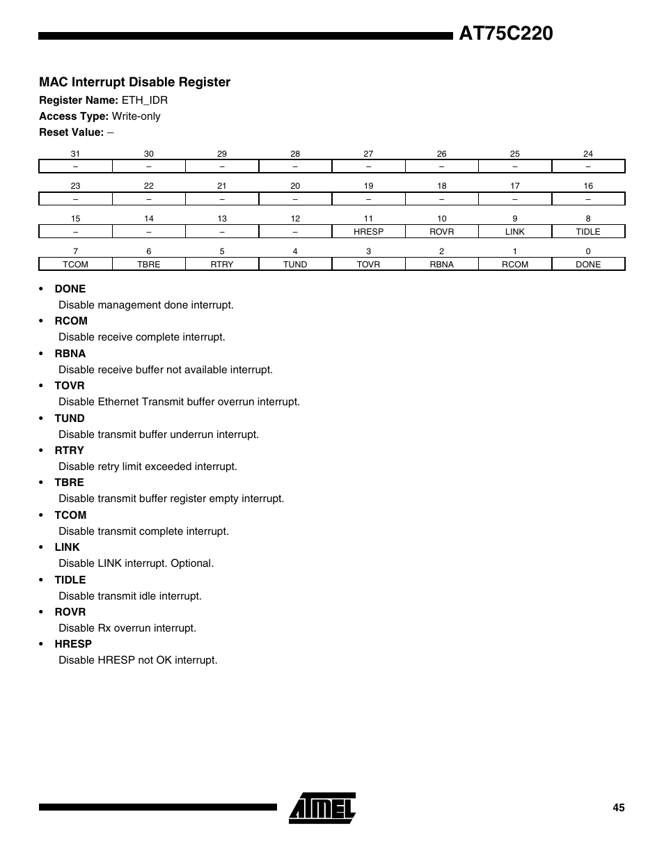 Mac interrupt disable register | Rainbow Electronics AT75C220 User Manual | Page 45 / 144