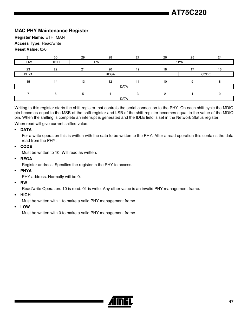 Mac phy maintenance register | Rainbow Electronics AT75C220 User Manual | Page 47 / 144