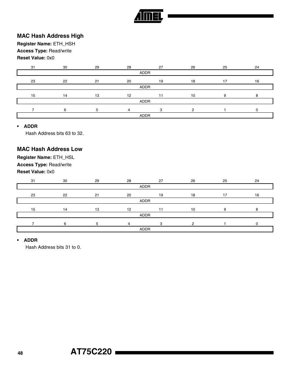 Mac hash address high, Mac hash address low | Rainbow Electronics AT75C220 User Manual | Page 48 / 144