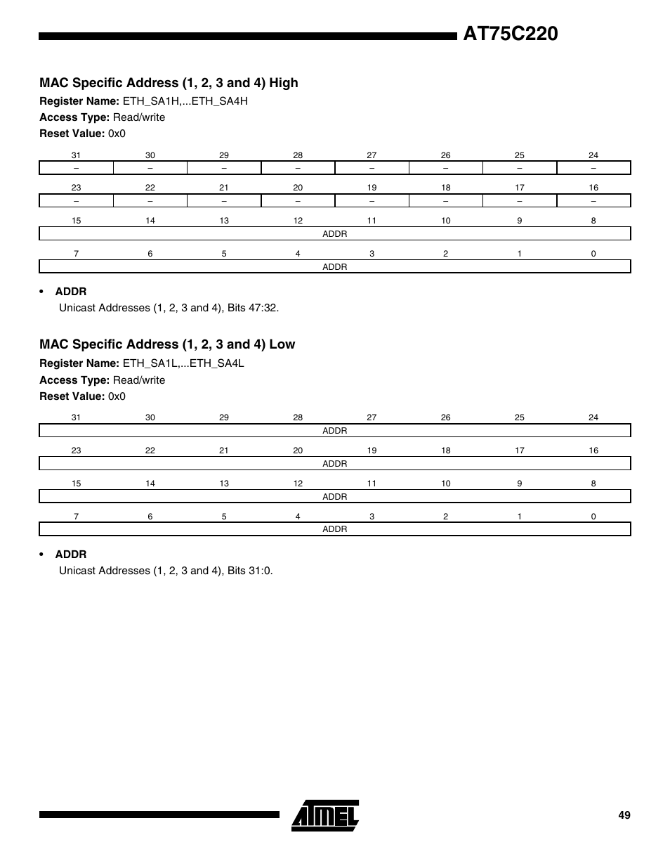 Mac specific address (1, 2, 3 and 4) high, Mac specific address (1, 2, 3 and 4) low | Rainbow Electronics AT75C220 User Manual | Page 49 / 144