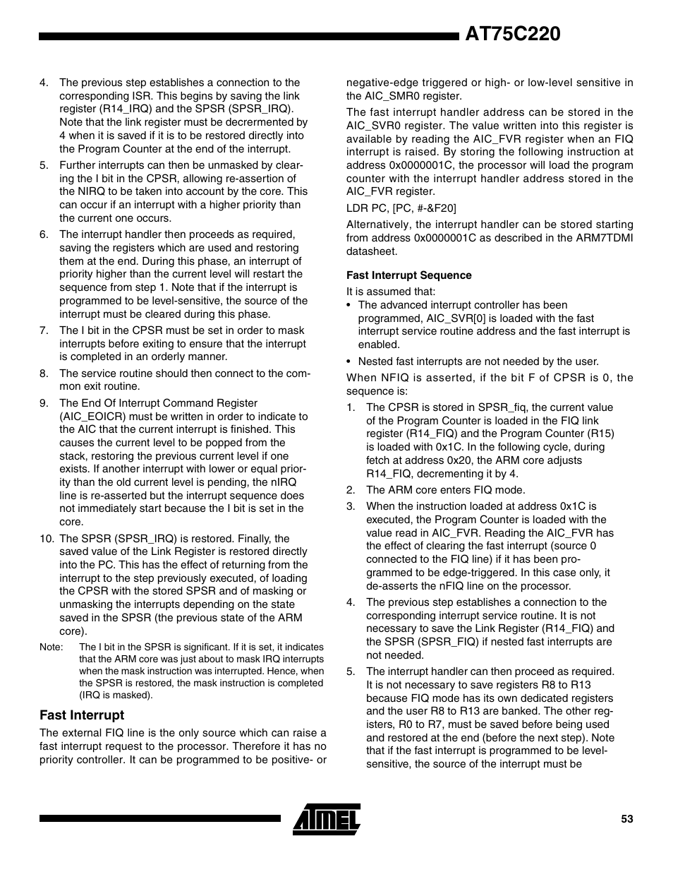 Fast interrupt, Fast interrupt sequence | Rainbow Electronics AT75C220 User Manual | Page 53 / 144