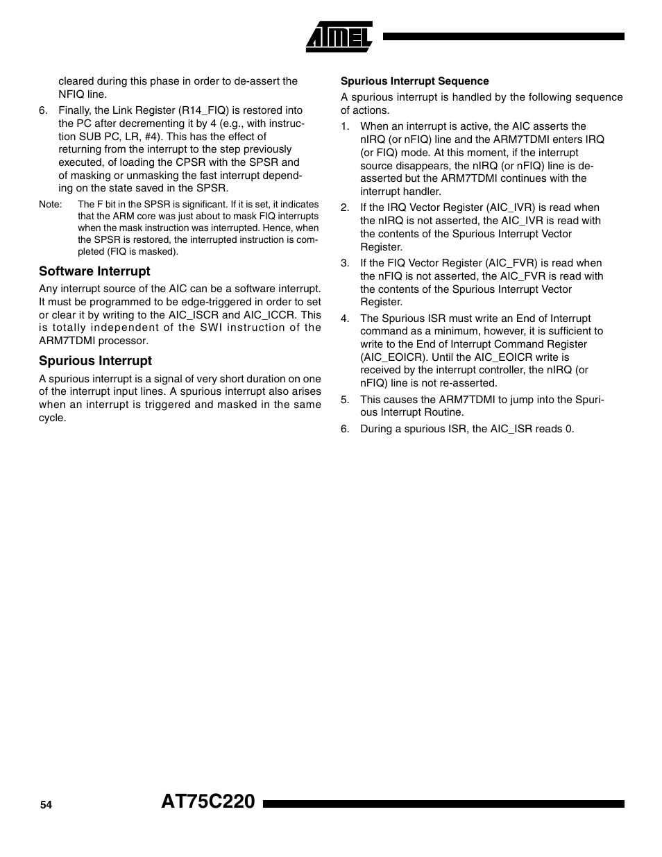 Software interrupt, Spurious interrupt, Spurious interrupt sequence | Rainbow Electronics AT75C220 User Manual | Page 54 / 144