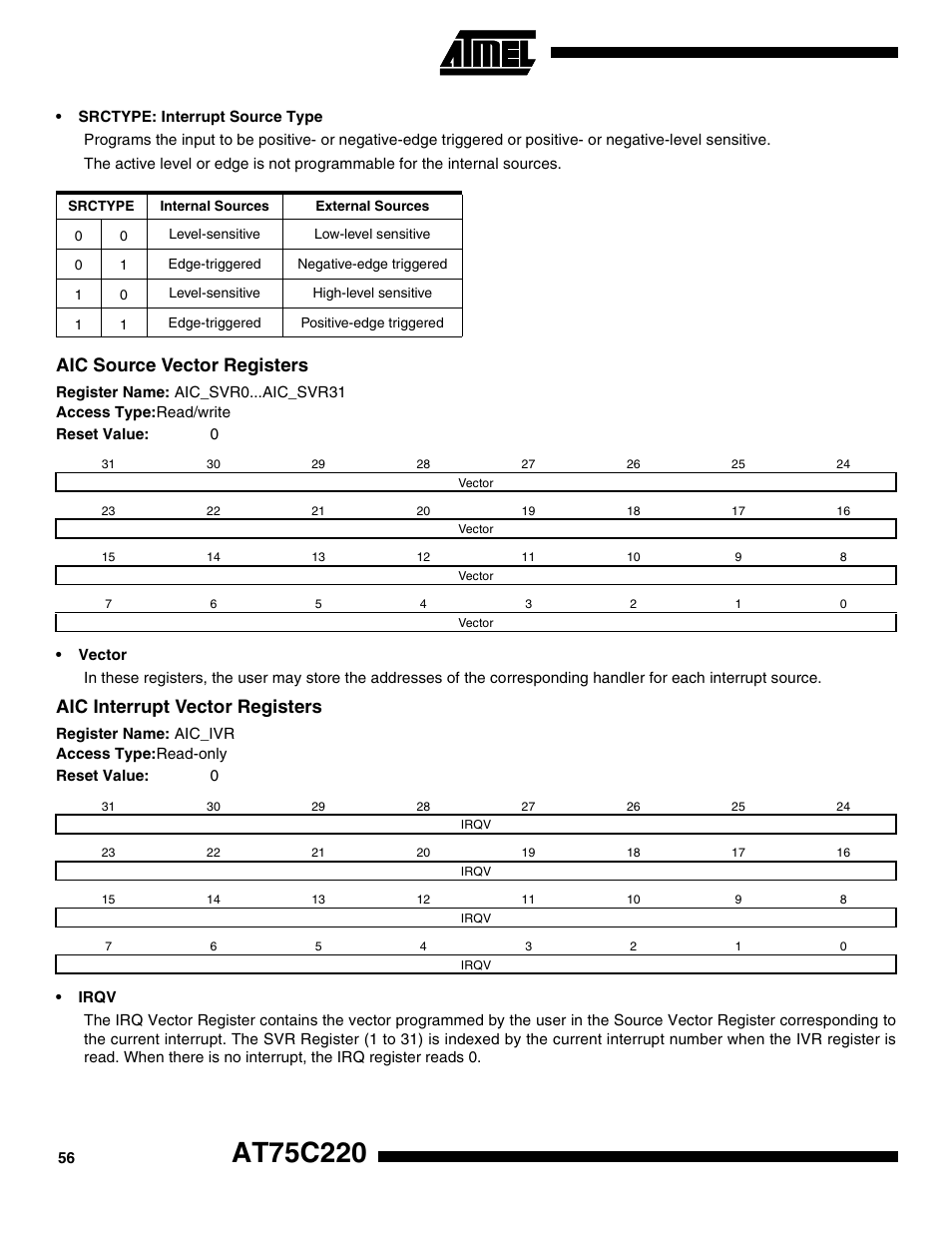 Aic source vector registers, Aic interrupt vector registers | Rainbow Electronics AT75C220 User Manual | Page 56 / 144