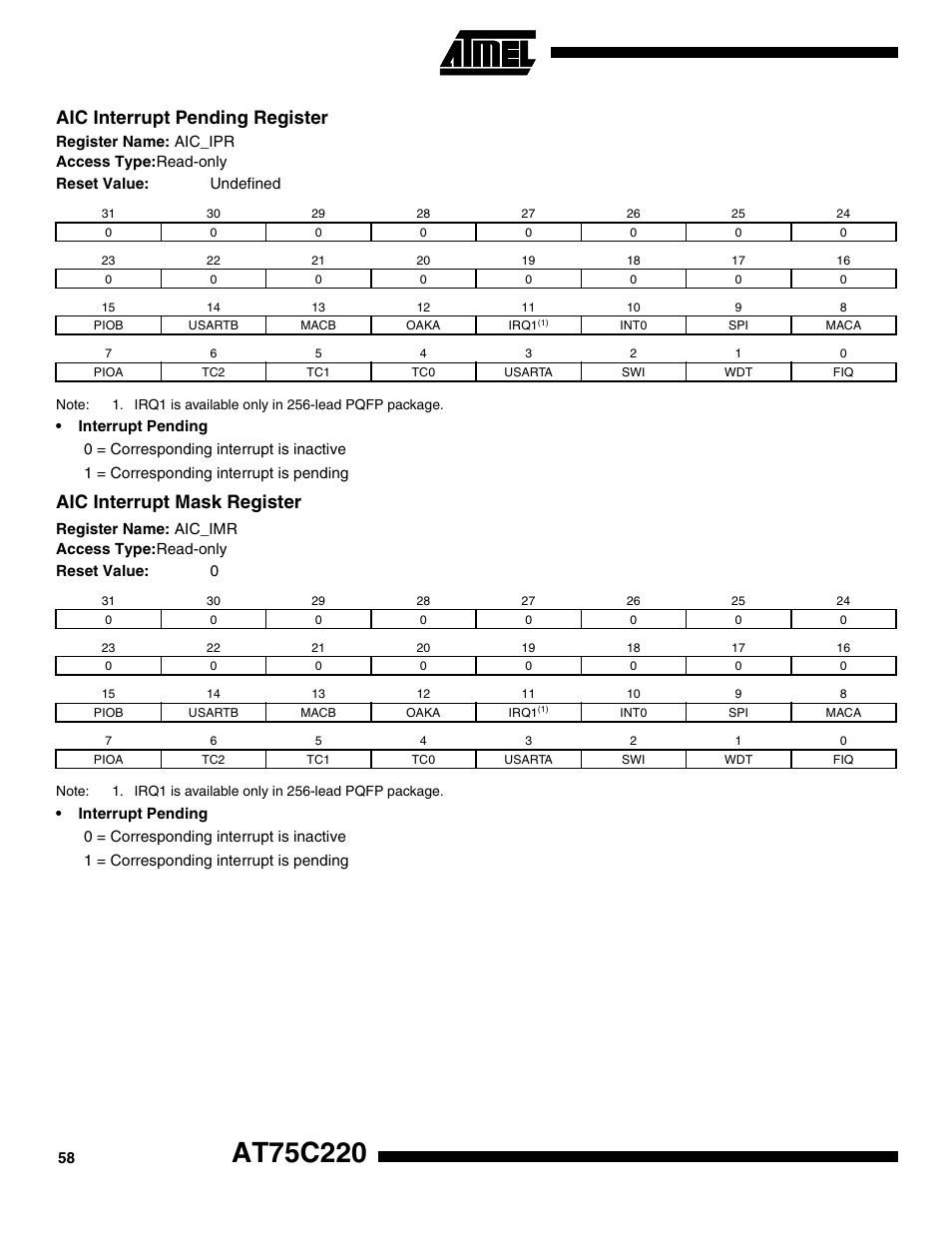 Aic interrupt pending register, Aic interrupt mask register | Rainbow Electronics AT75C220 User Manual | Page 58 / 144
