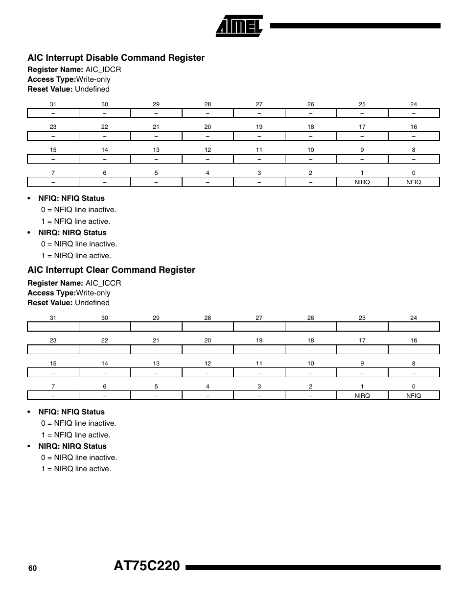 Aic interrupt disable command register, Aic interrupt clear command register | Rainbow Electronics AT75C220 User Manual | Page 60 / 144