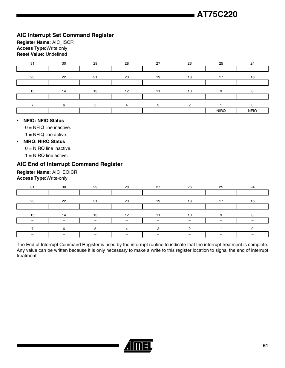 Aic interrupt set command register, Aic end of interrupt command register | Rainbow Electronics AT75C220 User Manual | Page 61 / 144