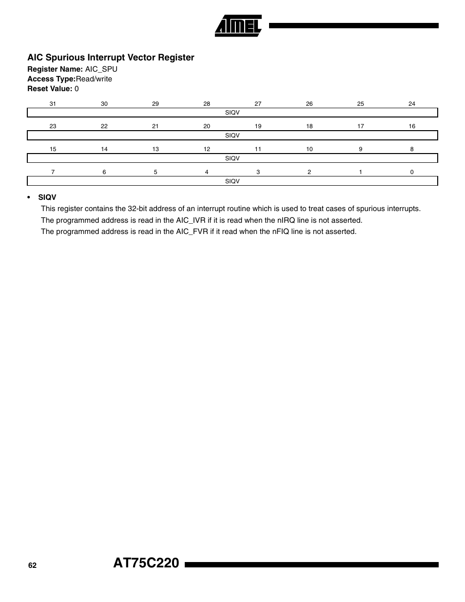 Aic spurious interrupt vector register | Rainbow Electronics AT75C220 User Manual | Page 62 / 144