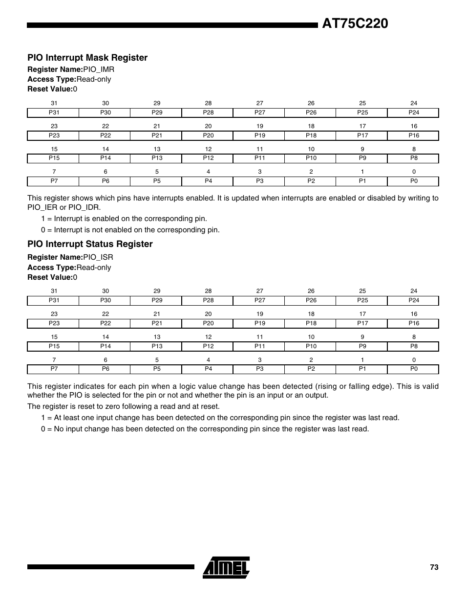 Pio interrupt mask register, Pio interrupt status register | Rainbow Electronics AT75C220 User Manual | Page 73 / 144