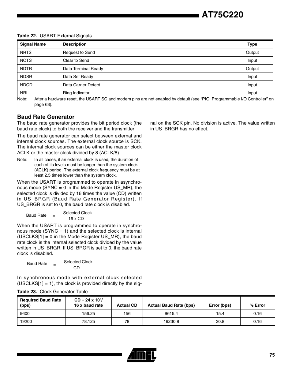 Baud rate generator | Rainbow Electronics AT75C220 User Manual | Page 75 / 144