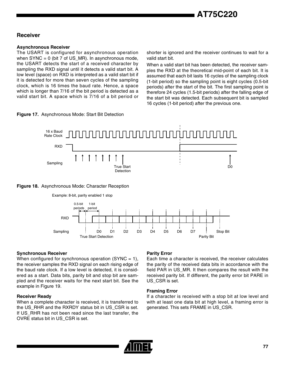 Receiver, Asynchronous receiver, Synchronous receiver | Receiver ready, Parity error, Framing error | Rainbow Electronics AT75C220 User Manual | Page 77 / 144