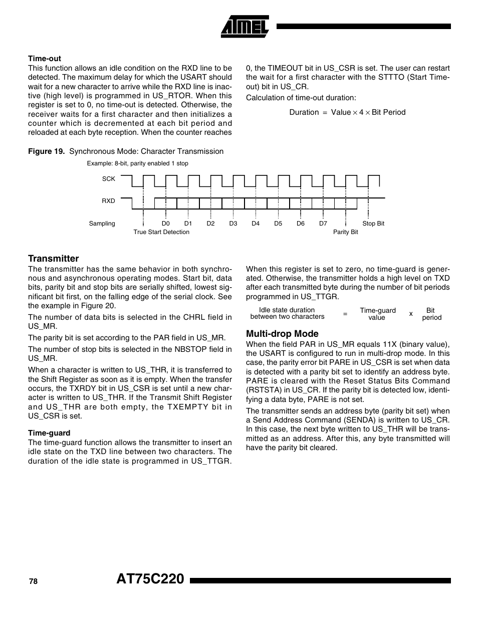 Time-out, Transmitter, Time-guard | Multi-drop mode | Rainbow Electronics AT75C220 User Manual | Page 78 / 144