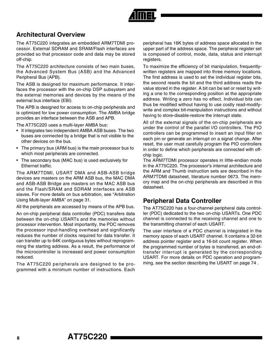 Architectural overview, Peripheral data controller | Rainbow Electronics AT75C220 User Manual | Page 8 / 144