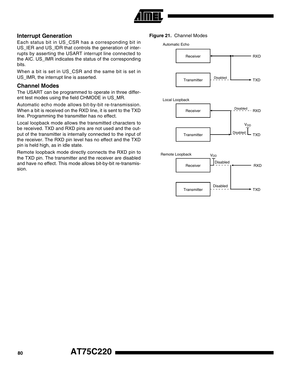 Interrupt generation, Channel modes | Rainbow Electronics AT75C220 User Manual | Page 80 / 144