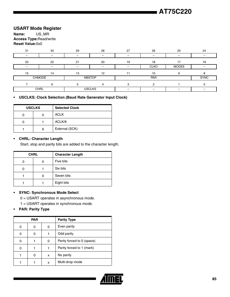 Usart mode register | Rainbow Electronics AT75C220 User Manual | Page 85 / 144