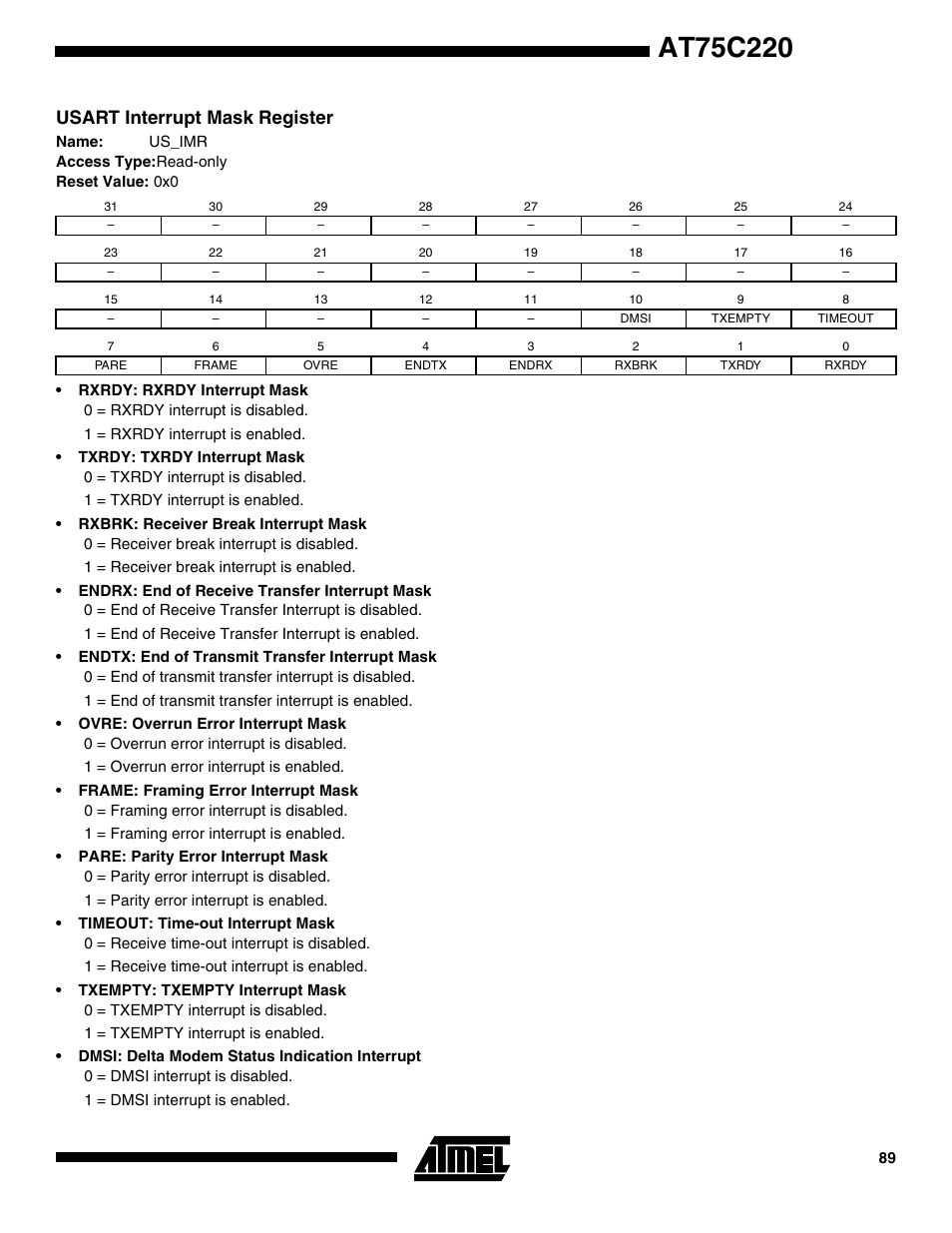 Usart interrupt mask register | Rainbow Electronics AT75C220 User Manual | Page 89 / 144