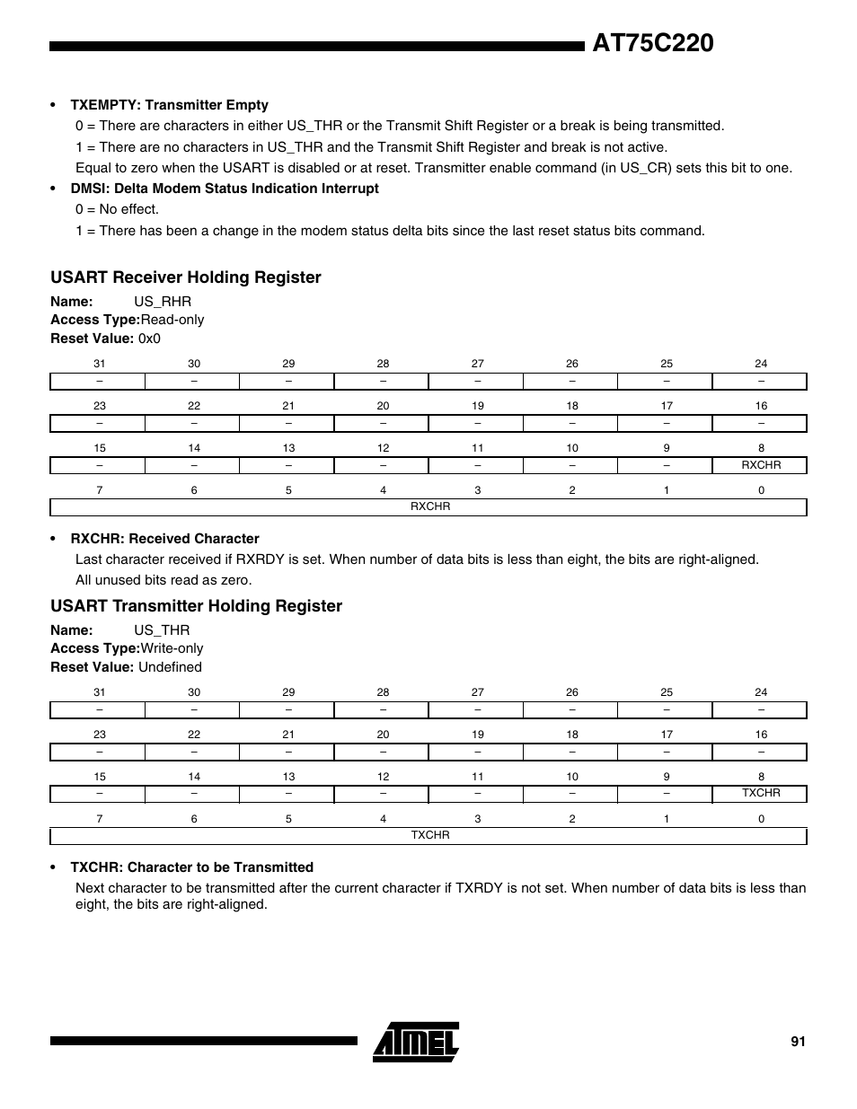 Usart receiver holding register, Usart transmitter holding register | Rainbow Electronics AT75C220 User Manual | Page 91 / 144