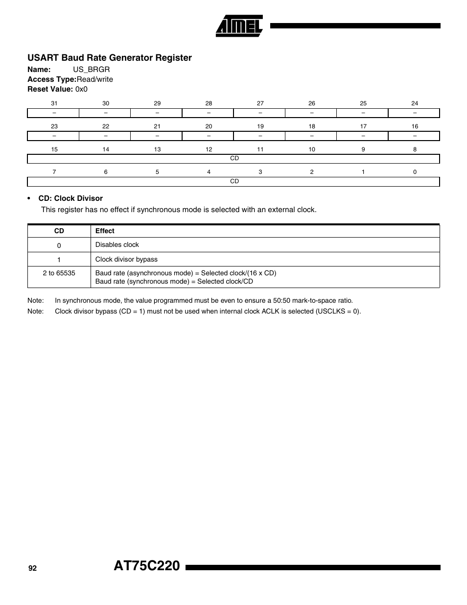 Usart baud rate generator register | Rainbow Electronics AT75C220 User Manual | Page 92 / 144