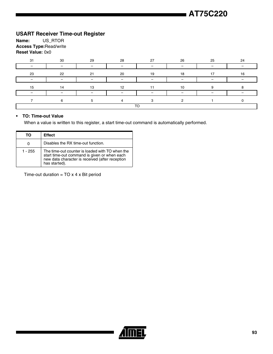 Usart receiver time-out register | Rainbow Electronics AT75C220 User Manual | Page 93 / 144