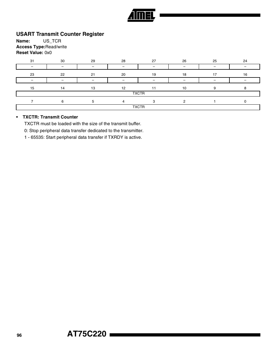 Usart transmit counter register | Rainbow Electronics AT75C220 User Manual | Page 96 / 144