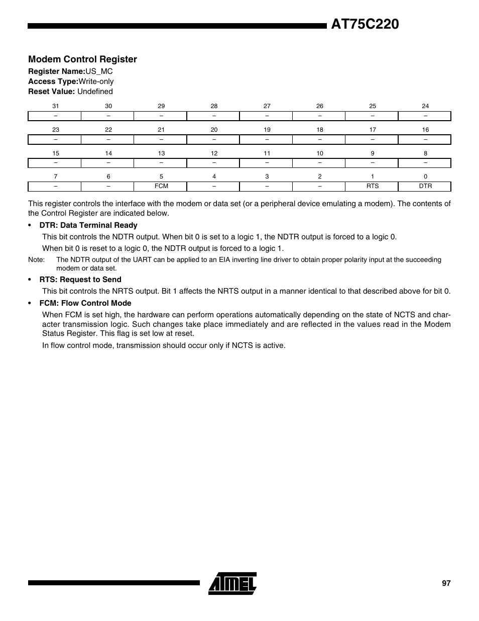 Modem control register | Rainbow Electronics AT75C220 User Manual | Page 97 / 144