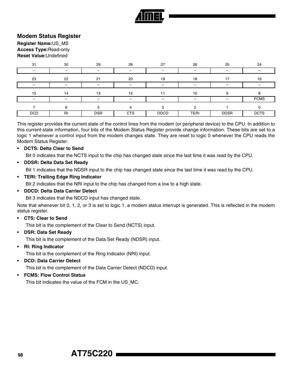 Modem status register | Rainbow Electronics AT75C220 User Manual | Page 98 / 144