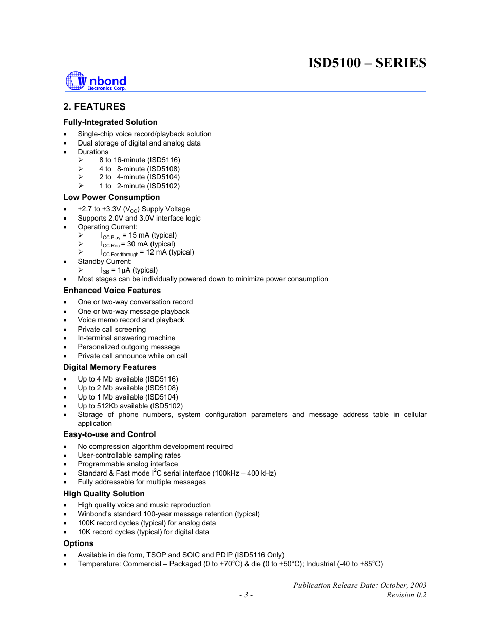 Isd5100 – series, Features | Rainbow Electronics ISD5100 User Manual | Page 3 / 88
