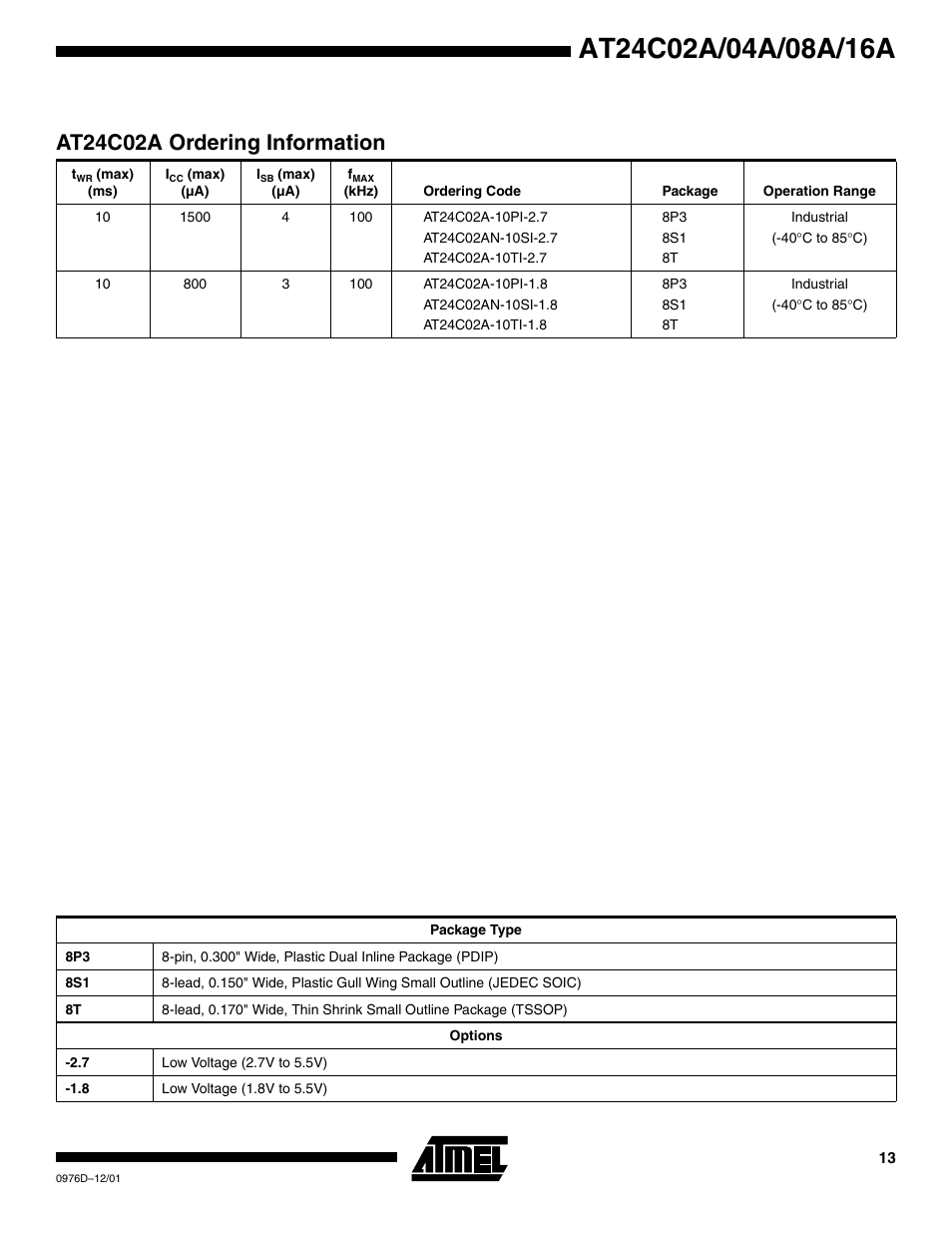 At24c02a ordering information | Rainbow Electronics AT24C16A User Manual | Page 13 / 20