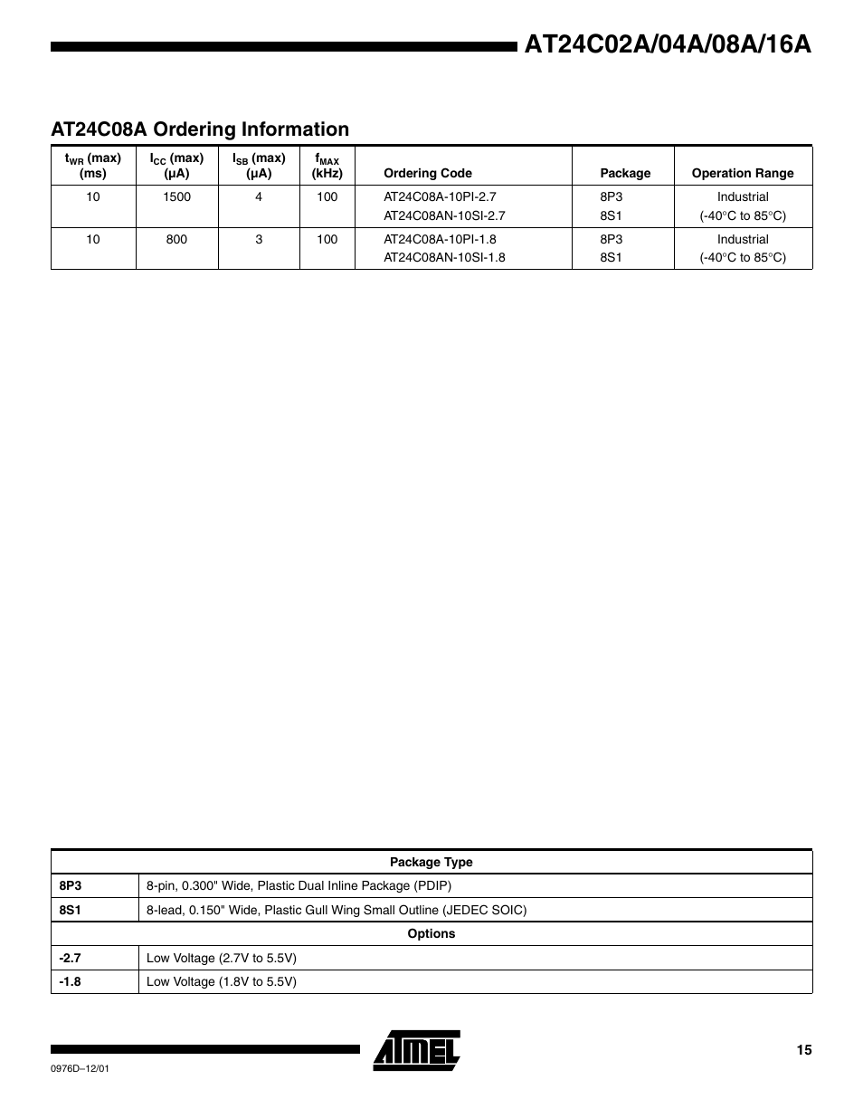 At24c08a ordering information | Rainbow Electronics AT24C16A User Manual | Page 15 / 20