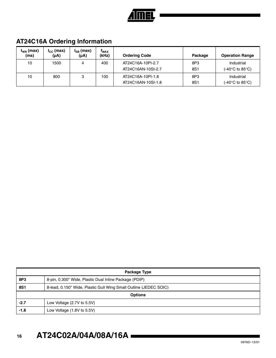 At24c16a ordering information | Rainbow Electronics AT24C16A User Manual | Page 16 / 20
