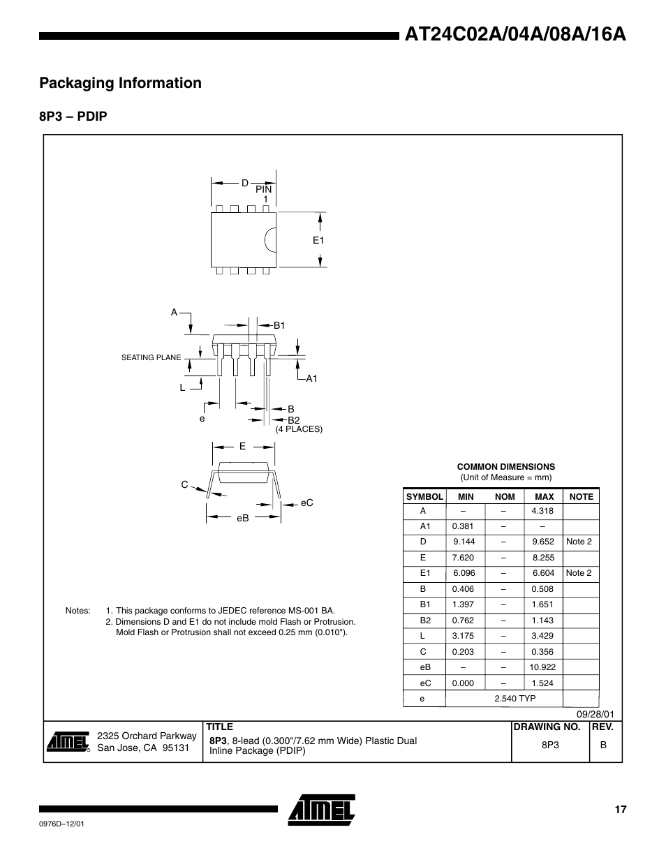 Packaging information, 8p3 – pdip | Rainbow Electronics AT24C16A User Manual | Page 17 / 20