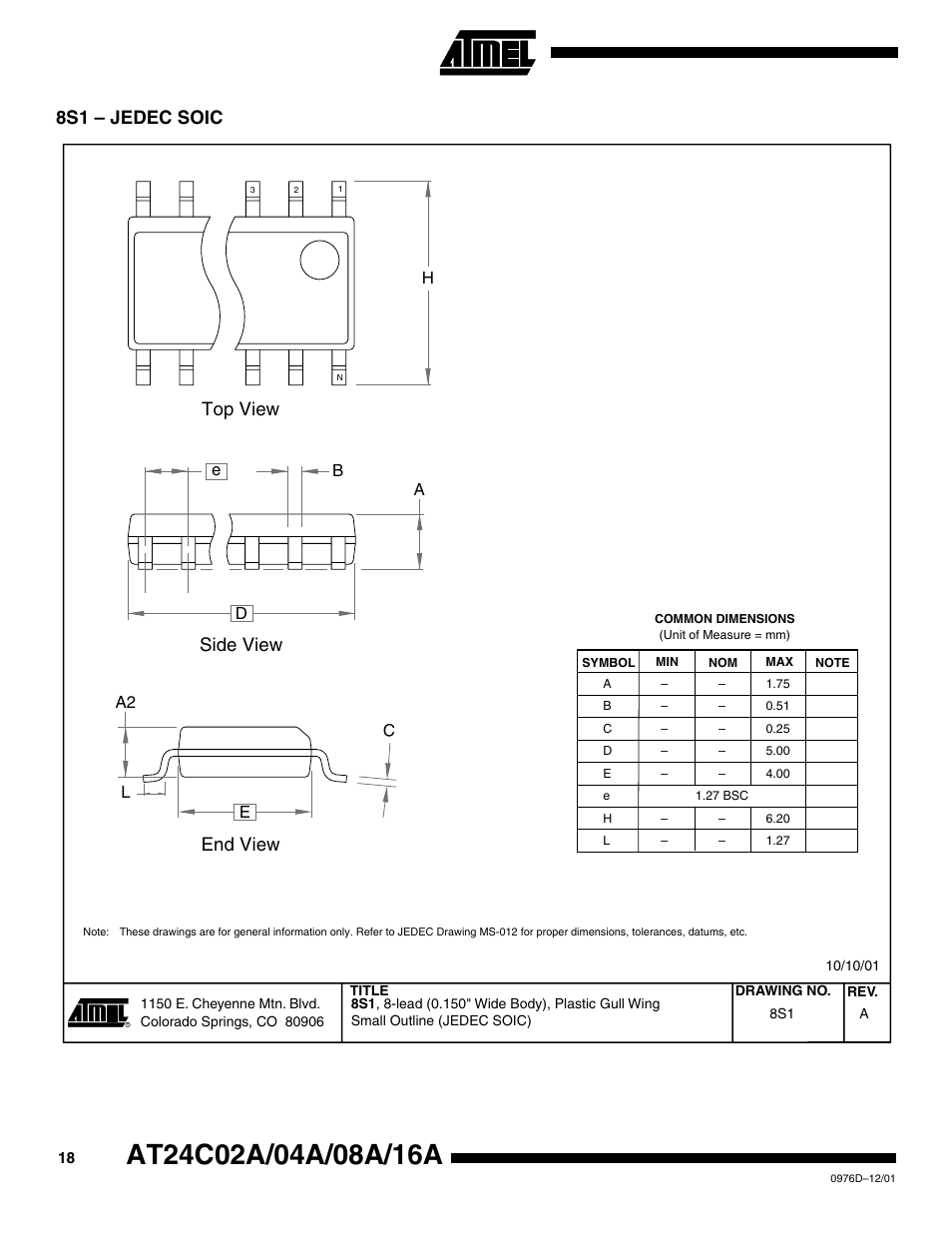 8s1 – jedec soic, Top view, End view | Side view | Rainbow Electronics AT24C16A User Manual | Page 18 / 20