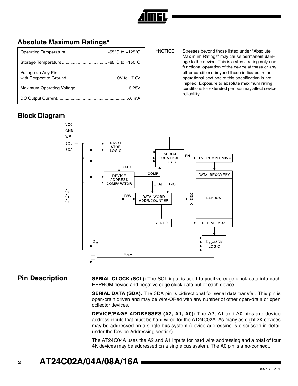 Block diagram, Pin description, Block diagram pin description | Absolute maximum ratings | Rainbow Electronics AT24C16A User Manual | Page 2 / 20