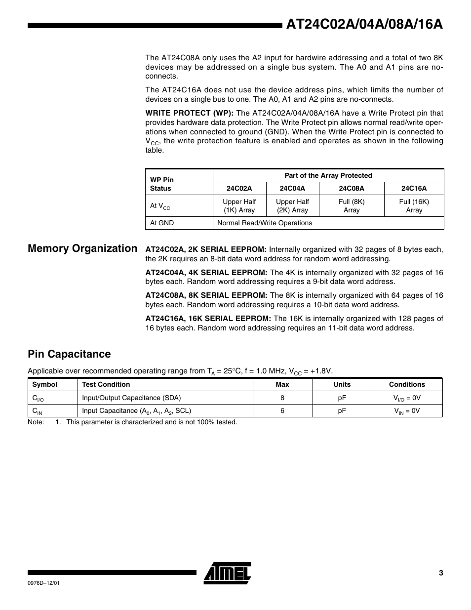 Memory organization, Pin capacitance | Rainbow Electronics AT24C16A User Manual | Page 3 / 20